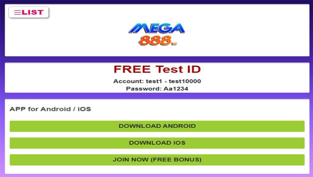 Mega888 Test ID Password in Malaysia Apk Download